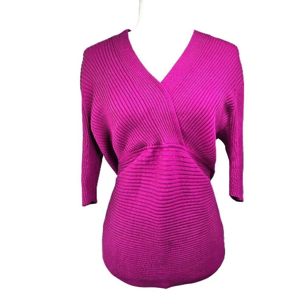 Worthington Magenta Purple Faux Wrap Ribbed Chunky Knit Silk Blend Sweater Top